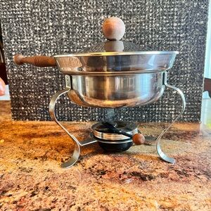 Chafing / Fondue Dish 9 1/2” round x 8 tall with wood accents, Vintage